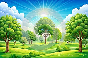 Vector Landscape. Vector Summer Landscape with Green Trees photo