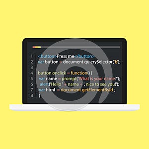 Vector laptop coding concept. Web developer, design, programming. Laptop screen code