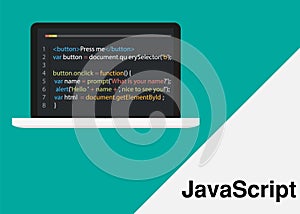 Vector laptop coding concept. Web developer, design, programming. Laptop screen code