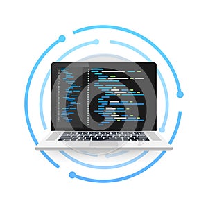 Vector laptop coding concept. Web developer, design, programming. Laptop screen code. Vector illustration.