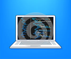 Vector laptop coding concept. Web developer, design, programming. Laptop screen code. Vector illustration.