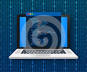 Vector laptop coding concept. Web developer, design, programming. Laptop screen code. Vector illustration.