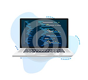 Vector laptop coding pattern. Web developer, design, programming. Laptop screen code. Vector illustration.