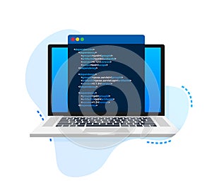Vector laptop coding pattern. Web developer, design, programming. Laptop screen code. Vector illustration.