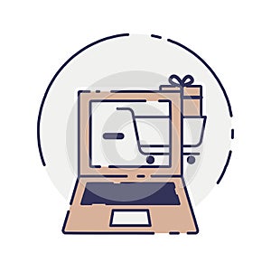 Vector laptop computer online shop. Laptop and cart, online marketing elements. shopping from home. Illustration E-commerce