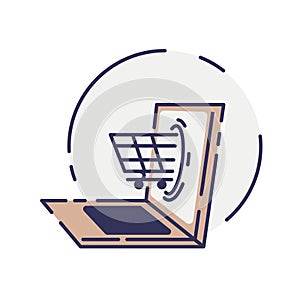 Vector laptop computer online shop. Laptop and cart, online marketing elements. shopping from home. Illustration E-commerce