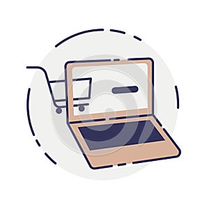 Vector laptop computer online shop. Laptop and cart, online marketing elements. shopping from home. Illustration E-commerce