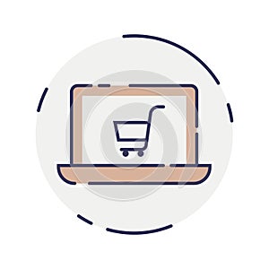 Vector laptop computer online shop. Laptop and cart, online marketing elements. shopping from home. Illustration E-commerce