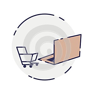 Vector laptop computer online shop. Laptop and cart, online marketing elements. shopping from home. Illustration E-commerce