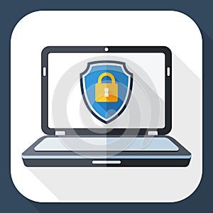 Vector Laptop icon with a protective shield symbol on a screen