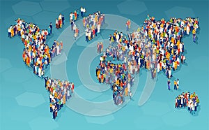 Vector of a large group of diverse people standing on a world map