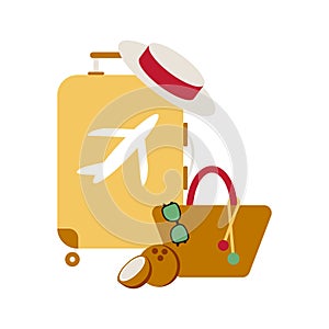 Vector large yellow travel plastic suitcase with wheel and beach bag with sunglasses. Concept of vacations, tourism.