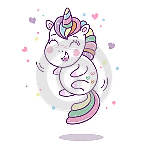 Vector laughing kawaii unicorn isolated on white background.