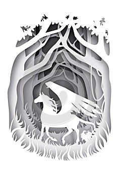 Mythical Pegasus in forest, vector illustration in paper art style photo