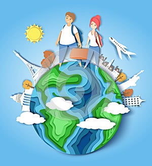 Travel around the world, vector paper cut illustration photo