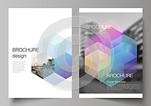 Vector layout of A4 format cover mockups design templates with colorful hexagons, geometric shapes, tech background for