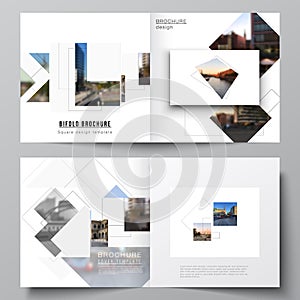 Vector layout of two covers templates with geometric simple shapes, lines and photo place for square design bifold