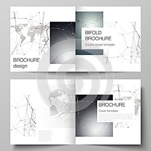 Vector layout of two covers templates for square design bifold brochure, flyer. Futuristic geometric design with world