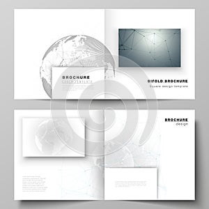 Vector layout of two covers templates for square design bifold brochure, flyer. Futuristic geometric design with world