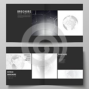 Vector layout of two covers templates for square design bifold brochure, flyer. Futuristic geometric design with world