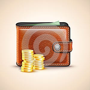 Vector Leather Wallet with Coins photo