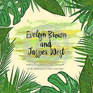 Vector leaves card design: tropical palm plants Festive summer b