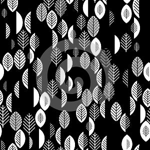 Vector leaves seamless pattern in white and black. Floral organic repeated background.