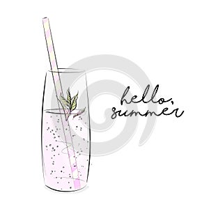 Vector lemonade illustration. Freshness sparkled liquid with mint. Cold summer refreshing drink . Rustic picknic