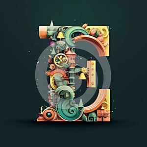 Vector letter E with cartoon buildings and landmarks. 3D illustration