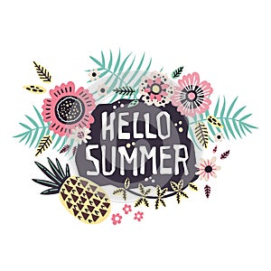 Vector lettering: Hello Summer - surrounded by tropical fruits and plants