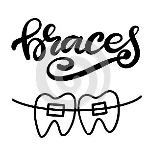 Vector lettering illustration about orthodontic treatment and dental healthcare with the image of braces on teeth. EPS10