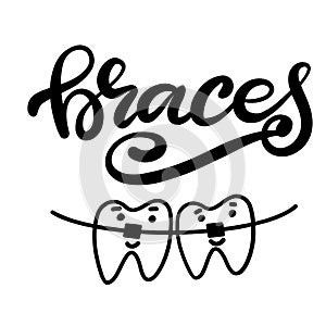 Vector lettering illustration about orthodontic treatment and dental healthcare with the image of braces on teeth. EPS10