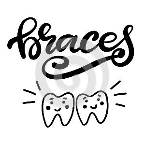 Vector lettering illustration about orthodontic treatment and dental healthcare with the image of braces on teeth. EPS10