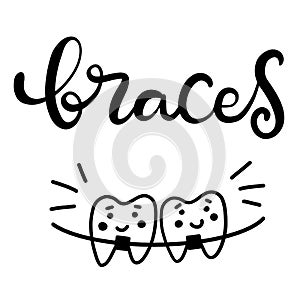 Vector lettering illustration about orthodontic treatment and dental healthcare with the image of braces on teeth. EPS10