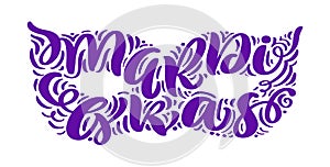 Vector lettering text Mardi Gras in form of mask for carnival, filigree calligraphic font with traditional symbol of