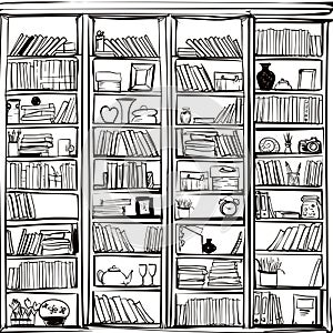 Vector of library book shelf doodle background