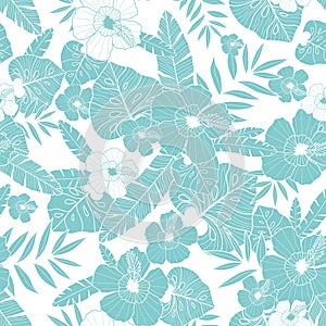 Vector light blue drawing tropical summer hawaiian seamless pattern with tropical plants, leaves, and hibiscus flowers