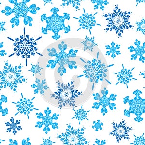Vector light blue hand drawn christmass snowflakes repeat seamless pattern background. Can be used for fabric, wallpaper