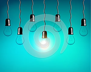 Vector Light bulb on blue green background. Realistic style lamp.