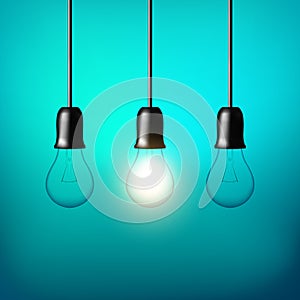 Vector Light bulb on blue green background. Realistic style lamp.