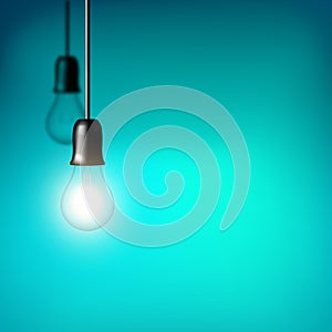 Vector Light bulb on blue green background. Realistic style lamp.