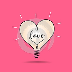 Vector light bulb heart love, design on pink background