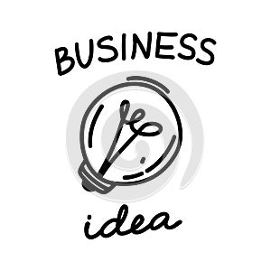 Vector light bulb icon with concept of business idea. Doodle hand drawn sign. Illustration for print, web