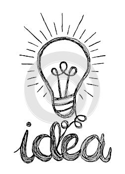 Vector light bulb icon with concept of idea. Doodle hand drawn s