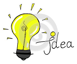 Vector light bulb icon with concept of idea. Doodle hand drawn sign