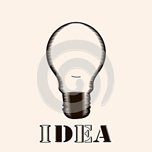 Vector light bulb icon with concept of idea. Doodle hand drawn sign. Illustration for print, lamp