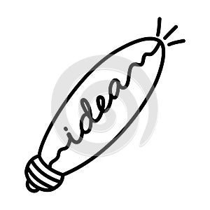 Vector light bulb icon with concept of idea. Doodle hand drawn sign. Illustration for print, web