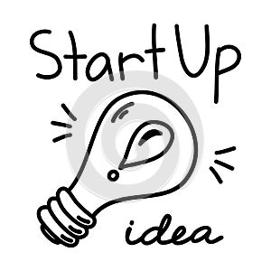 Vector light bulb icon with concept of start up idea. Doodle hand drawn sign. Illustration for print, web
