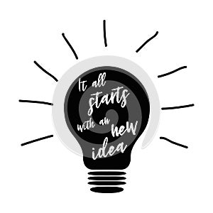 Vector light bulb lamp icon with concept of idea. Doodle hand drawn sign. Text it all starts with an new idea