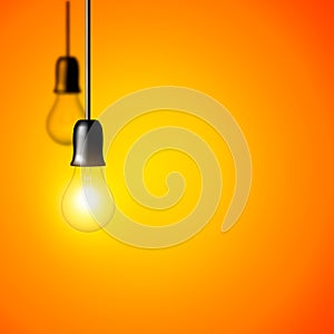 Vector Light bulb on orange yellow background. Realistic style.